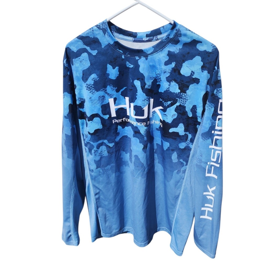 Huk Performance Fishing Shirt Mens Large Blue Camo Long Sleeve Sun Shirt Logo